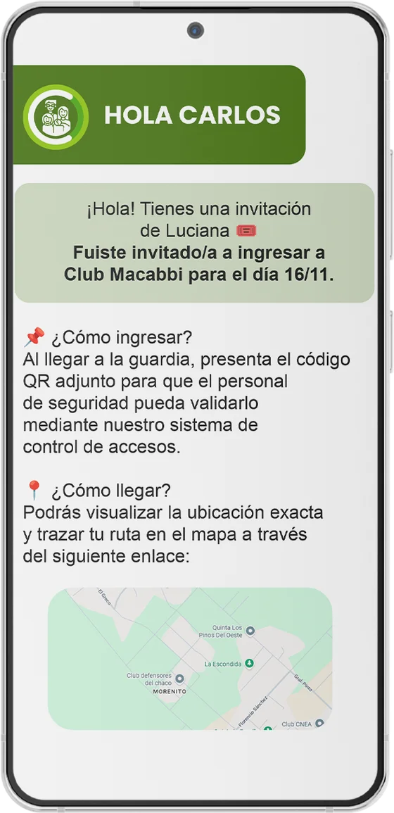 Correo que recibe la visita con la invitación, el código QR y el mapa de llegada
