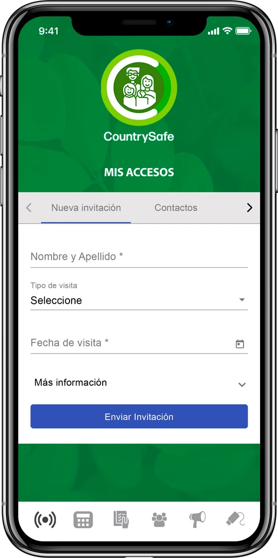 App CountrySafe, pantalla Mis Accesos con el formulario de nueva invitación